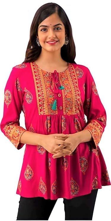Women's Embroidered Tunic Top, with Floral Design, 3/4 Sleeves, Traditional Pattern