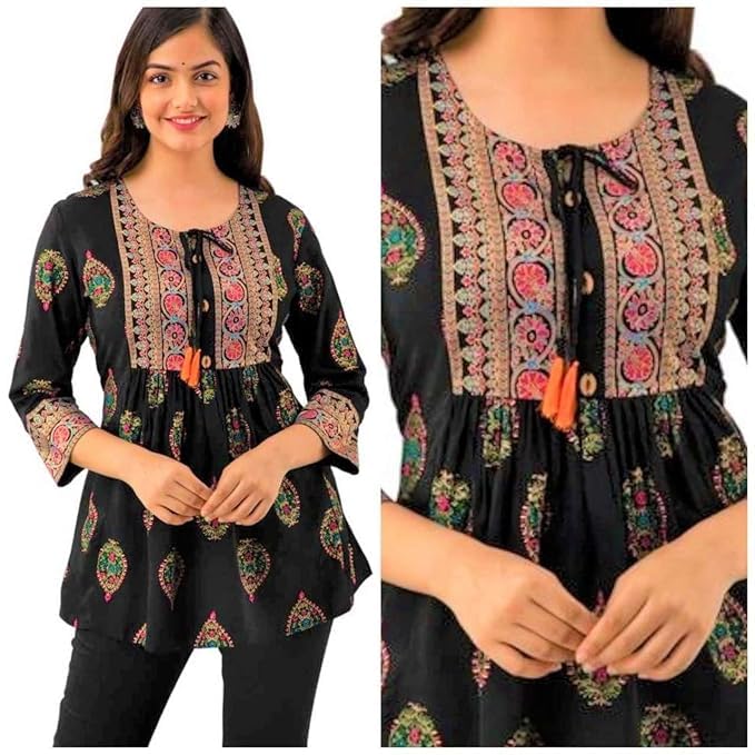 Women's Embroidered Tunic Top, with Floral Design, 3/4 Sleeves, Traditional Pattern