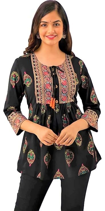 Women's Embroidered Tunic Top, with Floral Design, 3/4 Sleeves, Traditional Pattern