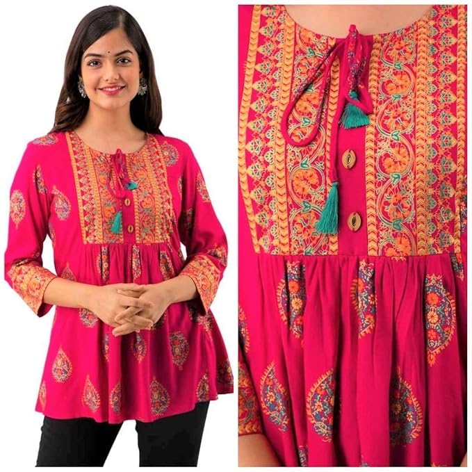 Women's Embroidered Tunic Top, with Floral Design, 3/4 Sleeves, Traditional Pattern